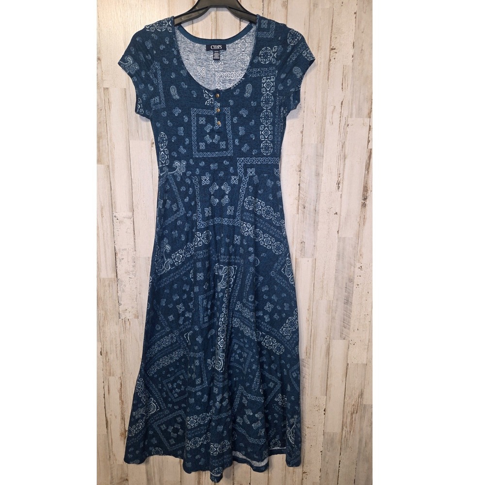 EUC Chaps size S Long Stretch A-line Henley Dress Short sleeve Modest Comfy